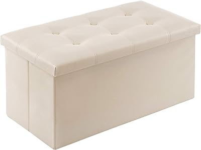 YOUDENOVA 30 inches Folding Storage Ottoman, 80L Storage Ottoman Bench for Bedroom and Hallway, Faux Leather White Beige Footrest with Foam Padded Seat, Support 350lbs