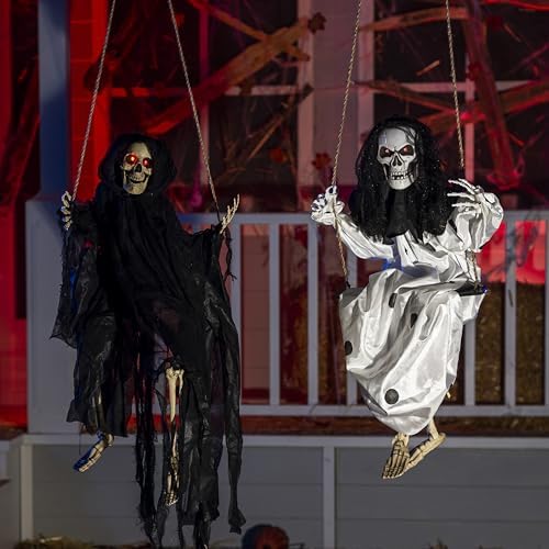 JOYIN Outdoor Halloween Decorations 2 Packs Hanging Ghosts Halloween Decor with Lighted Up Eyes, 3ft Scary Grim Reaper Halloween Swinging Skeleton Flying Ghosts for Yard Patio Lawn Garden Décor