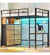 ADORNEVE Twin Size Loft Bed with Desk and 8 Storage Drawers, Metal Loft Bed Twin with LED Lights ...