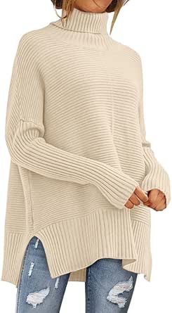 ANRABESS Women Oversized Turtleneck Long Batwing Sleeve Split Hem Pullover Knit Tunic Sweater Outfits 2024 Trendy Clothes