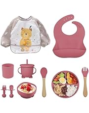 Vajilla de Bebé Silicona, 10 piezas Juegos de vajilla infantil, Cubiertos con plato ventosa, Tenedor con mango de madera, Babero Set Platos de Succión para Bebés, Juego de Platos Vajilla