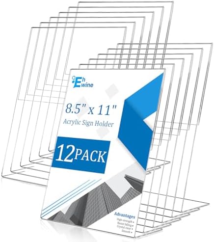 EHWINE 12 Pack 8.5 x 11 Acrylic Sign Holder, Clear Plastic Signs Display Stand, Vertical Slanted Back Paper Holder Stand up Table Top Sign Holders Flyer Stand Frames Suitable for Office Business Store