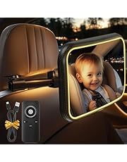 Espejo Retrovisor de Bebé con LED, Espejo Coche Bebé Asiento Trasero 100% a Prueba de Roturas Luz LED Espejo retrovisor coche bebé 360° Giratorio con Clip de Gancho Observación para Asiento Trasero