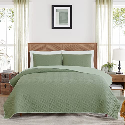 Geniospin Queen Quilt Set - Lightweight Summer Quilt 3 Piece with Pillow Shams - Sage Green Bedspreads Queen Size - Ultrasonic Reversible Bedding Coverlets for All Seasons (Queen, 90