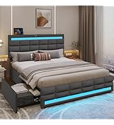 ADORNEVE Queen LED Bed Frame with 4 Drawers and 2 USB Charging Station, Upholstered Platform Quee...