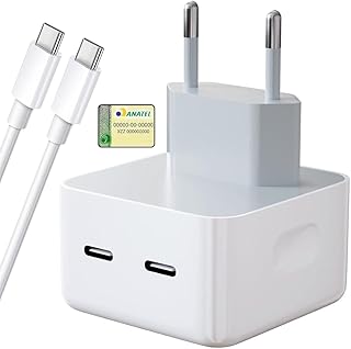 Kit Carregador Turbo 50W 2 Saídas USB-C e Cabo USB-C de 1 Metro, Fonte Universal Compatível com iPhone 15 16 Androids Tabl...