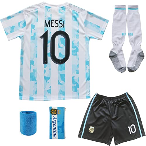 BIRDBOX 2021 Home Blue #10 Lionel Messi Kids Soccer Jersey & Shorts Set Youth Sizes (Blue), 30 (12-13 Years).