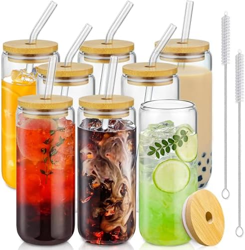 SENTVEND 20 Oz Drinking Glasses with Bamboo Lids and Glass Straw - 8 Pcs Can Shaped Glass Cups Beer & Ice Coffee Glasses Cute Tumbler Cup Great for Soda Boba Tea Cocktail Include 2 Cleaning Brushes