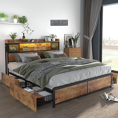 Gyfimoie Queen Bed Frame with Storage, LED Queen Size Bed with Headboard and 4 Drawers, Metal Platform Bed Frame with Outlets and USB Ports, No Box Spring Needed