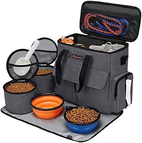 Modoker Airline Approved Pet Travel Bag, Weekend Dog Travel Set for Dog and Cat, Airline Approved Tote Organizer with Multi-Function Pockets 2 Food Storage Containers, 2 Collapsible Bowls (Dark Gray)