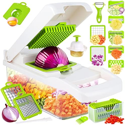 Vegetable Chopper, Pro Onion Chopper, 14 in 1Multifunctional Food Chopper, Kitchen Vegetable Slicer Dicer Cutter,Veggie Chopper With 8 Blades,Carrot Chopper With Container-kitchen essentials(White)