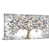 RyounoArt Large Tree of Life Canvas Wall Art Colorful Butterfly on Branch Painting Picture Abstra...