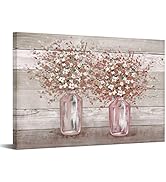 RyounoArt Pink Floral Pictures Wall Decor Pink and Grey Flowers in Vase Canvas Art Painting Farmh...