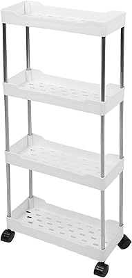 Yosoo 4 Tier Slim Rolling Storage Cart with Wheels, for Kitchen Laundry Bathroom, Mobile Shelving Unit with Side Hooks (White)