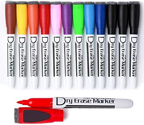 Volcanics Magnetic Dry Wipe Pens Dry Erase Markers With Eraser Cap Low Odor Fine Tip Whiteboard Pens Pack of 12,10 Colors