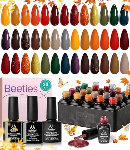 beetles Gel Polish Nail Set 20 Colors Cozy Campfire Collection Orange Yellow Green Brown Fall Gel Polish Set Soak Off Uv Lamp Need Base Glossy & Matte Top Coat Manicure Kit Gift for Girls