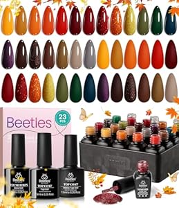 beetles Gel Polish Nail Set 20 Colors Cozy Campfire Collection Orange Yellow Green Brown Fall Gel Polish Set Soak Off Uv Lamp Need Base Glossy &amp; Matte Top Coat Manicure Kit Gift for Girls