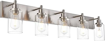 MELUCEE Bathroom Light Fixtures Over Mirror 5 Lights Indoor Wall Lights in Brushed Nickel Finish with Clear Glass Shade, Farmhouse Vanity Lights for Bedroom Hallway Kitchen