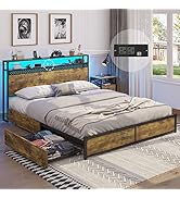 ADORNEVE Queen Bed Frame with 4 Drawers, LED Bed Frame with Outlets and USB Ports, Metal Platform...