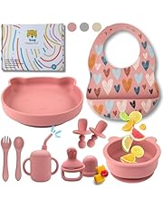 HappyDoo | Vajilla Bebe | 12 Piezas | Vajilla Bebe Silicona | Plato Bebe Ventosa | Cuenco | Vaso Bebe | Babero | Cubiertos Bebe | De Regalo Chupete Fruta | Vajilla Infantil | En Caja para Regalar