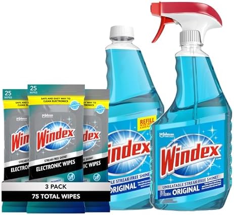 Windex Bundle - Original Blue Glass and Window Cleaner 23 Fl Oz spray + 32 Oz Refill, and Electronic Screen Wipes for Computers , Phones, Televisions and More, 25 count - Pack of 3