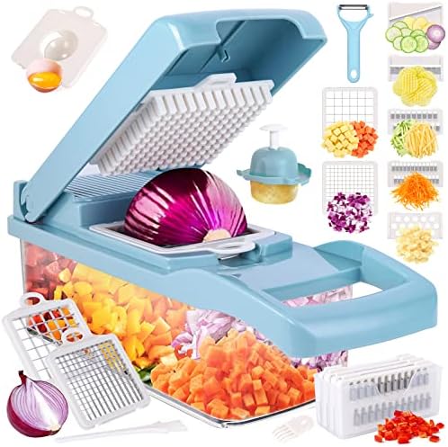 Vegetable Chopper, Pro Onion Chopper, 14 in 1Multifunctional Food Chopper, Kitchen Vegetable Slicer Dicer Cutter,Veggie Chopper With 8 Blades,Carrot and Garlic Chopper With Container(blue)