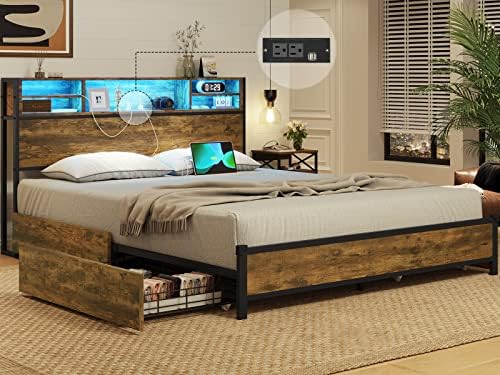 ADORNEVE Queen Bed Frame with LED Lights Headboard & 4 Storage Drawers, Metal Smart Platform Bed with Outlets & USB Ports, LED Bed Frame with Bookcase Headboard, No Box Spring Needed, Vintage Brown