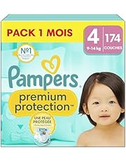 Pampers Premium Protection, Taille 4, 174 Couches, 9-14kg, Double Protection pour la peau et contre les fuites Avec Poche Stop &amp; Protect pour aider à capturer les Fuites, Pack 1 Mois