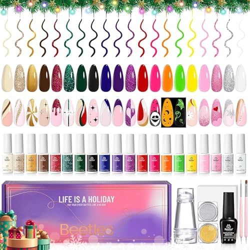 beetles Nail Art Liner Gel Polish Holiday Set, 21 Colors Classic Reflective Glitter Manicure Design Golden Silver Pink Green Decoration Gel Chrome Powder Nail Stamper Brush Pen Gifts for Women