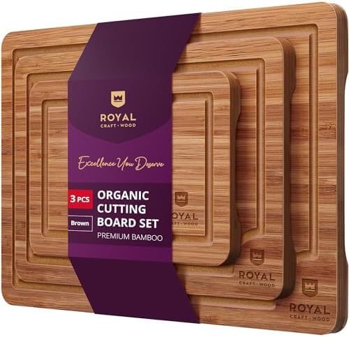 ROYAL CRAFT WOOD Wooden Cutting Boards for Kitchen Meal Prep & Serving - Bamboo Wood Serving Board Set with Deep Juice Groove Side Handles - Charcuterie & Chopping Butcher Block for Meat (3 Pcs)