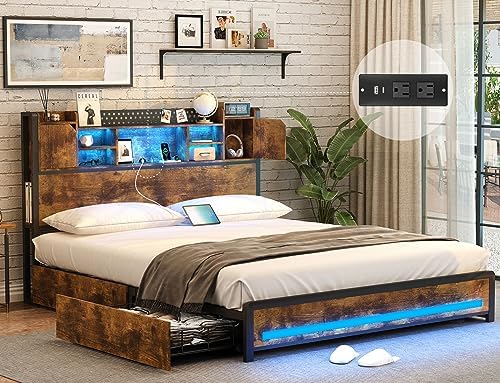 Dnxao Queen Bed Frame with Storage Drawers and Bookcase Headboard, LED Bed Frame Queen Size with Type-C & USB Ports, Metal Platform Bed with Storage, No Box Spring Needed, Vintage Brown