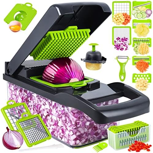 Vegetable Chopper, Pro Onion Chopper, 14 in 1Multifunctional Food Chopper, Kitchen Vegetable Slicer Dicer Cutter,Veggie Chopper With 8 Blades,Carrot Chopper With Container-kitchen essentials(Grey)