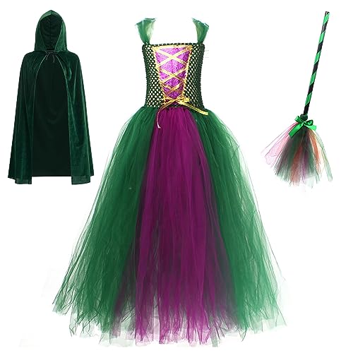 LIN&BABAY Hocus Pocus Costume for Girls Movie Cosplay Sanderson Sisters Dress with Cloak Broom Kids Halloween Costume for Party (Green, 2-3 Years)