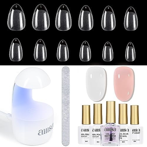 AILLSA Gel Nail Kit Short Almond Nail Tips 240pcs with 2 In 1 Nail Glue Base Coat and Nail Dehydrator, Soft Gel Full Nail Kit with Nail Lamp Top Coat for Starters Home Salon