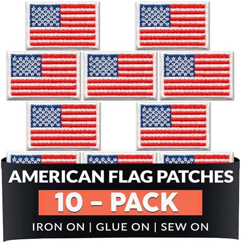 Laughing Lizards Small American Flag Patches (10-Pack) Patriotic Embroidered Iron-On US Flag Patch Appliques, Iron On, Glue On, or Sew On to Uniforms, Hats, Backpacks, Jackets, Pants, & Accessories