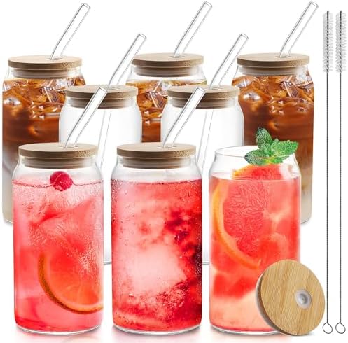 HOMBERKING Glass Cups with Bamboo Lids and Straws 8pcs Set, 20oz Cups, Beer Glasses, Iced Coffee Cups, Cute Tumbler with 2 Cleaning Brushes, Ideal for Cocktail, Whiskey, Tea, Gift