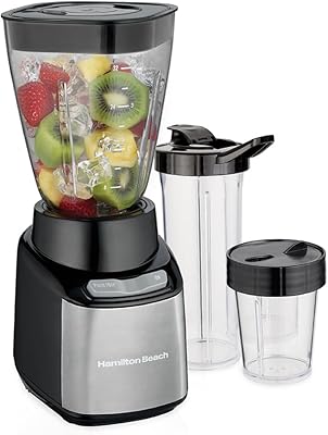 Hamilton Beach Stay or Go Blender for Shakes and Smoothies with 32oz Shatterproof Jar, 8oz Grinder for Nuts & Spices, 2 Portable Travel Cups with Lids, 650 Watts, BPA Free, Black and Silver (52400)