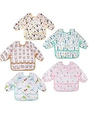 Lictin 5 Pcs Babero con Mangas Impermeable- Babero de Manga Larga con Escote Ajustable para Bebes Unisex (0-24 meses) - Multicolor