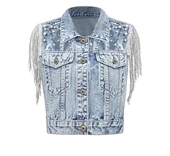 YEXPINE Women's Pearls Beading Denim Vest Sleeveless Sequin Fringe Jean Vest Casual Vintage Crop Top Vest