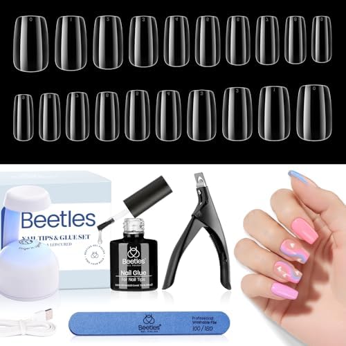 Beetles Gel Nail Kit Easy Nail Extension Set, 240Pcs Soft Short Square Nail Tips with 5 In 1 Nail Glue Base Gel and Led Lamp Acrylic Nail Tips Easy DIY Fake Nails Art Home Gelly Tips