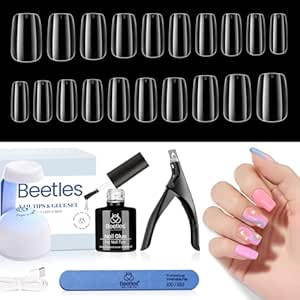 Beetles Gel Nail Kit Easy Nail Extension Set, 240Pcs Soft Short Square Nail Tips with 5 In 1 Nail Glue Base Gel and Led Lamp Acrylic Nail Tips Easy DIY Fake Nails Art Home Gelly Tips