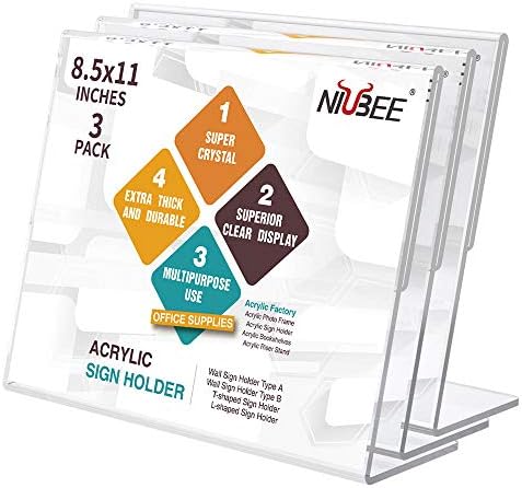 NIUBEE Acrylic Sign Holder 8.5x11 Inches 3 Pack Landscape, Slant Back Clear Paper Frames, Plastic Flyer Display Holder, Document Menu Table Stand for Office, Store, Restaurant -Horizontal