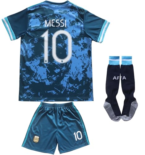 2021 Argentina #10 Leo Messi Away Kids Football Soccer Jersey/Shorts/Socks Kit Youth Sizes (Messi Blue, 30 (12-13 Years))