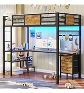 ADORNEVE Loft Bed Twin Size with L-Shaped Desk, LED Lights,Charging Station, Twin Metal Loft Bed ...