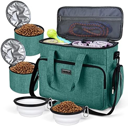 BAGLHER Dog Travel Bag, Airline Approved Pet Tote Organizer with Multi-Function Pockets, 2 X Food Storage Containers and 2 X Collapsible Dog Bowls, Perfect Weekend Pet Travel Set for Dog, Cat Green