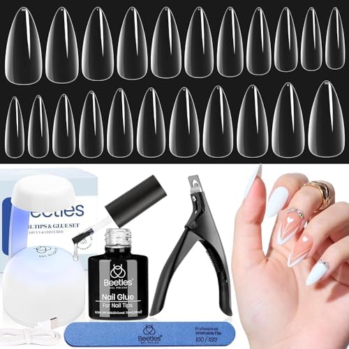 Beetles Gel Nail Kit Easy Nail Extension Set with 242 Pcs Short Stiletto Pre shaped Soft Nail Tips 5 In 1 Nail Glue Gel Base Coat & Uv Led Nail Lamp Clipper Nail File Diy Nail Art