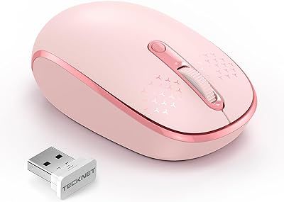 TECKNET Wireless Mouse, 2.4G Quiet Computer Mouse with USB Receiver, 4 Buttons Portable Cordless Mice for Chromebook, Laptop, PC, Mac, 800/1200/1600 DPI - Pink