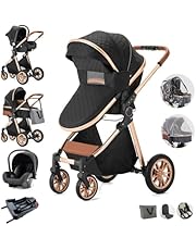 Kakbgee 5 in 1 Compact Baby Stroller with Removable Bassinet,Reversible Infant Newborn Pram Stroller with Bassinet,Foldable Toddler Stroller with Aluminum Frame,Recline Newborn Pram with Base,Black