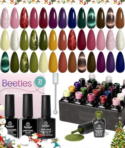 Beetles Cat Eye Gel Nail Polish Set, 20 Colors Winter Gel Polish Burgundy Brown Green Nail Polish Glitter Pearl Nail Manicure with Base Coat Matte & No Wipe Top Coat Soak off UV Gel Christmas Gifts