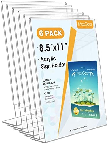 MaxGear 6Pack Acrylic Sign Holder 8.5 X 11, Plastic Sign Holder Plastic Paper Holder With Vertical Slanted Back Clear Picture Photo Frames Display Stand Flyer Document Holder for Office Desktop